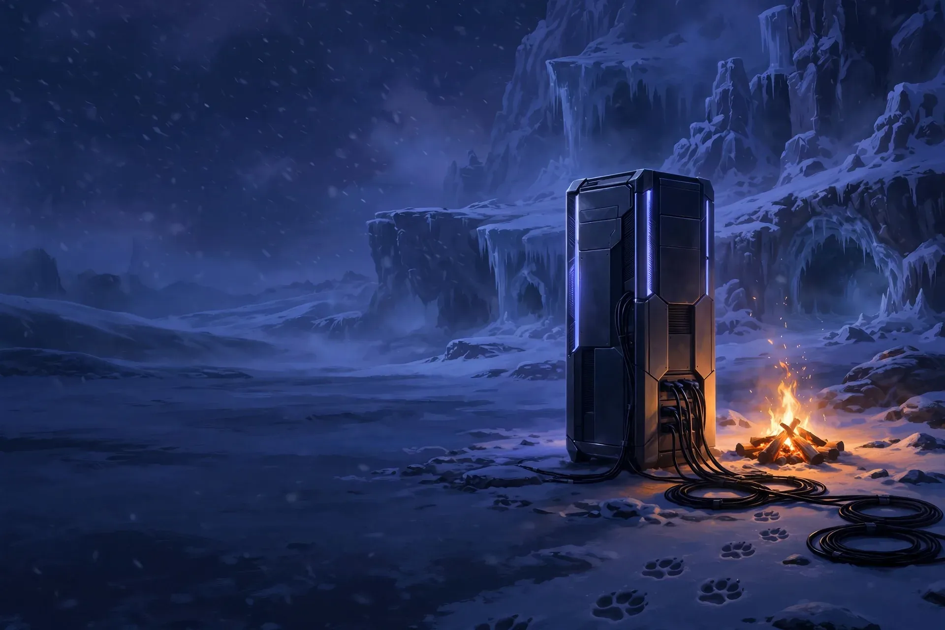 Una torre de servidor con componentes internos brillando tenuemente sobre una meseta nevada junto a una hoguera naranja cálida, con luz azul-violeta fría en los acantilados helados de fondo