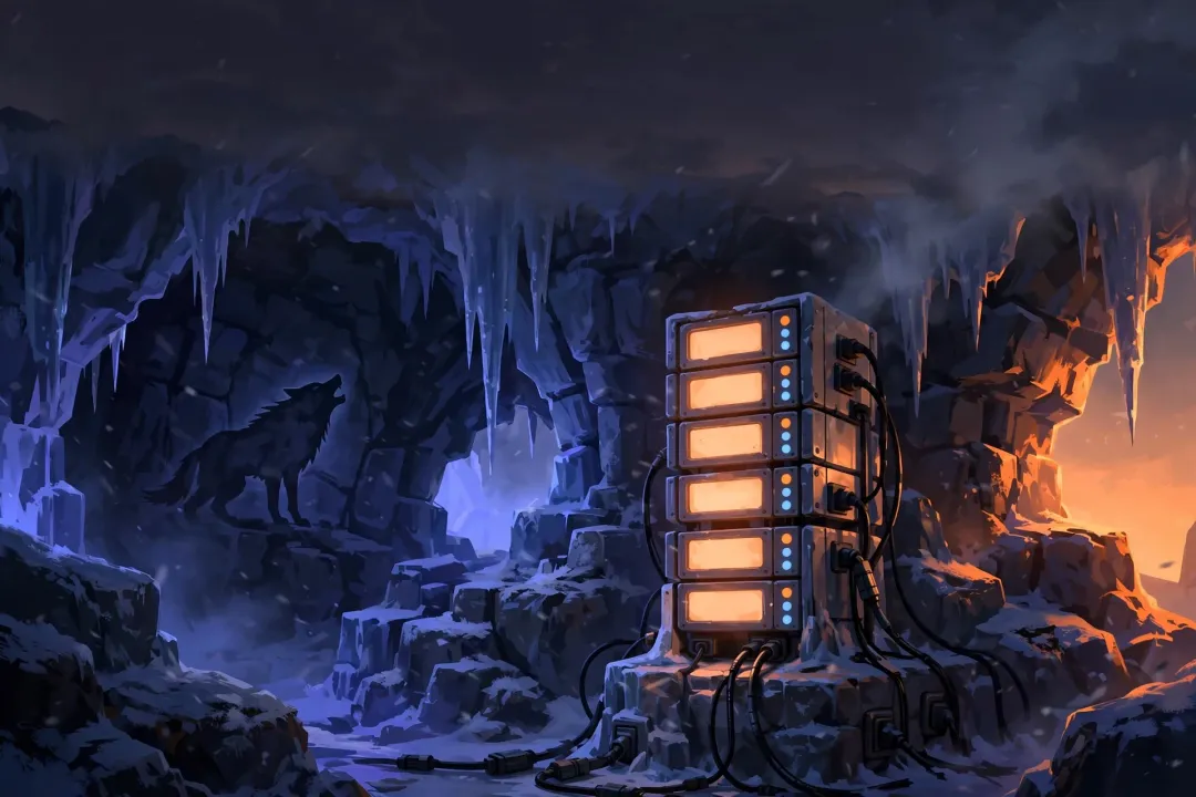 Ilustración estilizada de un rack de servidores naranja brillante situado en una cueva de hielo nevada al atardecer, con la silueta de un lobo tallada en la pared rocosa helada.
